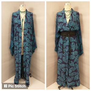 Couture Silk Kimono African Designer Studio 189 Batik Turquoise on Navy Gorgeous